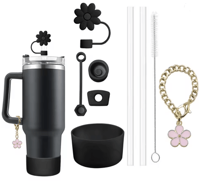 9 Piece Stanley Cup Accessory Set With Straw Covers Boot Spill Stoppers And Flower Charm 6