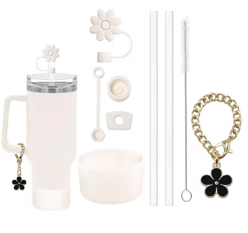 9 Piece Stanley Cup Accessory Set With Straw Covers Boot Spill Stoppers And Flower Charm 9
