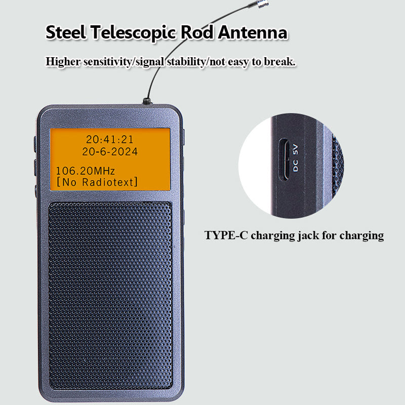 Wireless Mini Bluetooth Radio FM Stereo Pocket Speaker with DSP, Rechargeable Alarm Clock Radio with Backlit Display