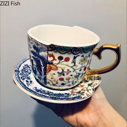 European Retro Luxury Ceramic Mug & Saucer Set, Afternoon Tea Coffee Cup for Couples, Home Drinkware, Elegant Vintage