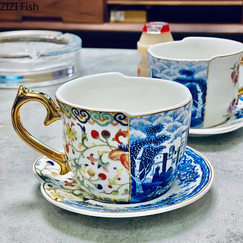European Retro Luxury Ceramic Mug & Saucer Set, Afternoon Tea Coffee Cup for Couples, Home Drinkware, Elegant Vintage