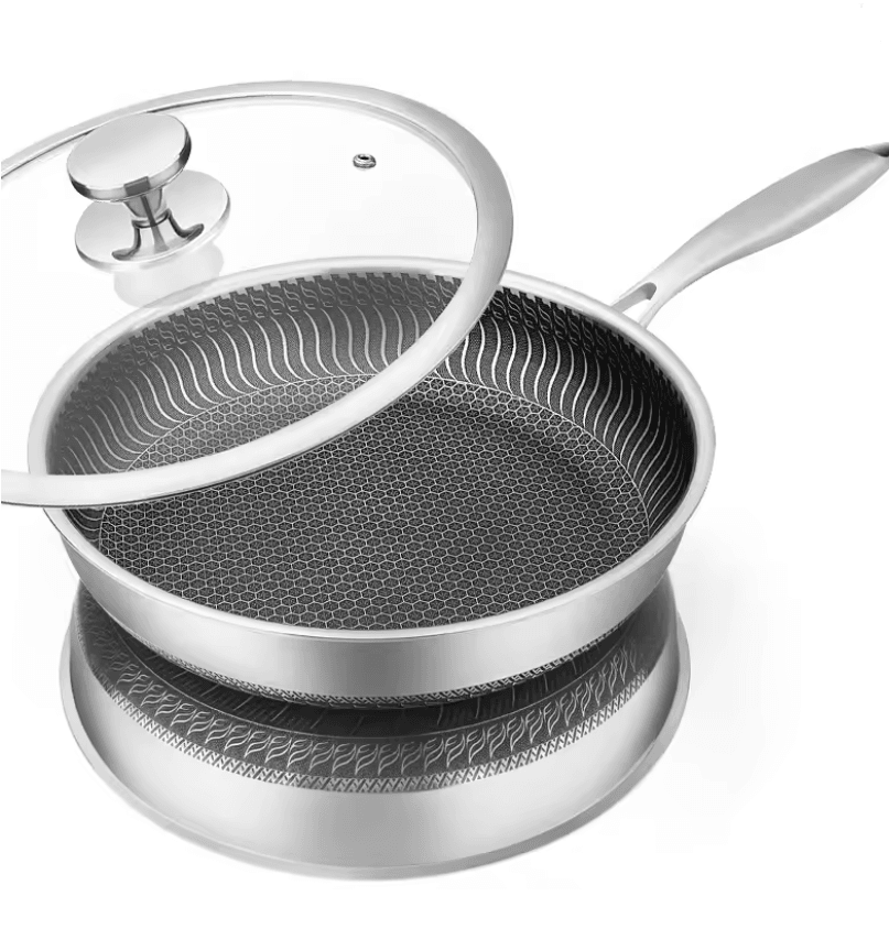 Honeycomb Stainless Steel Nonstick Frying Pan with Lid for Induction and Gas Cooktops
