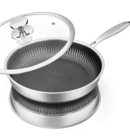 Honeycomb Stainless Steel Nonstick Frying Pan with Lid for Induction and Gas Cooktops