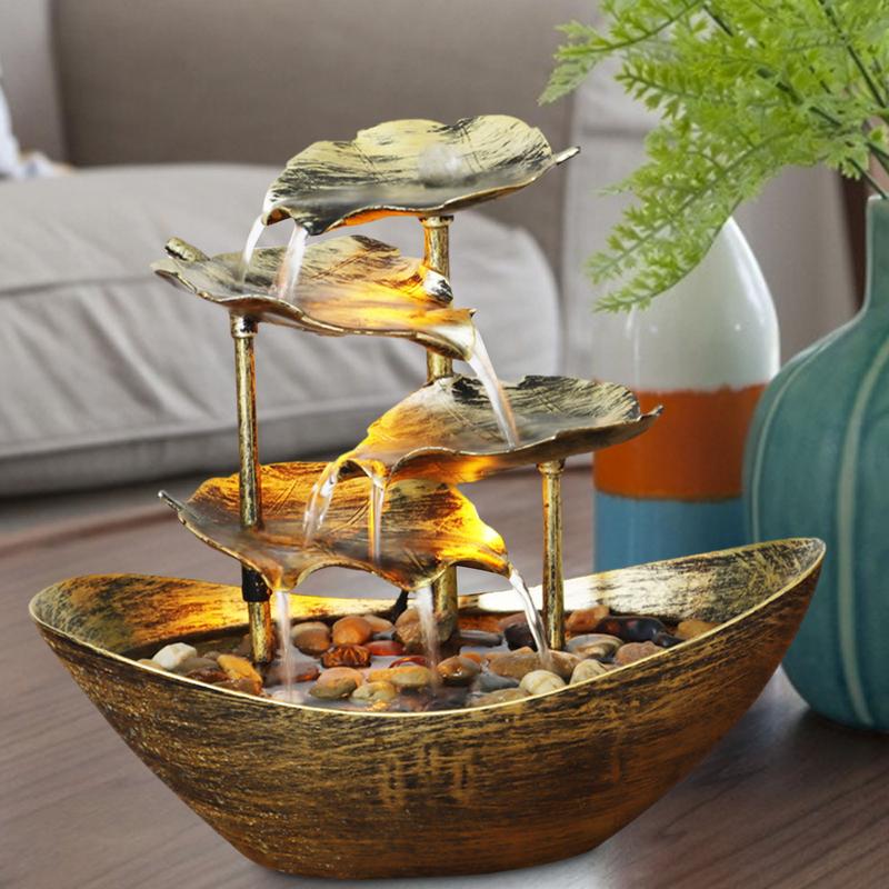 4-Tier Lotus Leaf Tabletop Water Fountain, USB Indoor Small Waterfall Fountain with Automatic Pump & LED Light for Home