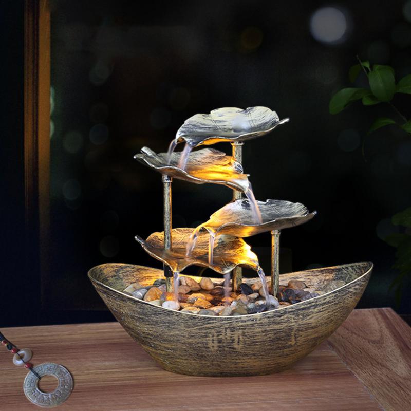 4-Tier Lotus Leaf Tabletop Water Fountain, USB Indoor Small Waterfall Fountain with Automatic Pump & LED Light for Home