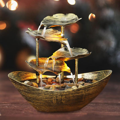 4-Tier Lotus Leaf Tabletop Water Fountain, USB Indoor Small Waterfall Fountain with Automatic Pump & LED Light for Home