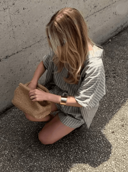 Striped Oversized Shirt And Shorts Set For Women Casual Two Piece Summer Outfit 1