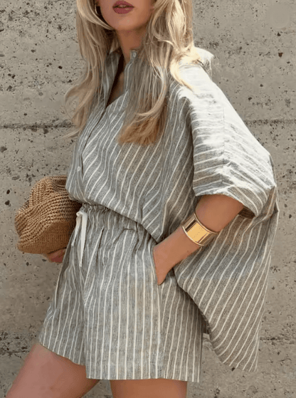 Striped Oversized Shirt And Shorts Set For Women Casual Two Piece Summer Outfit 2