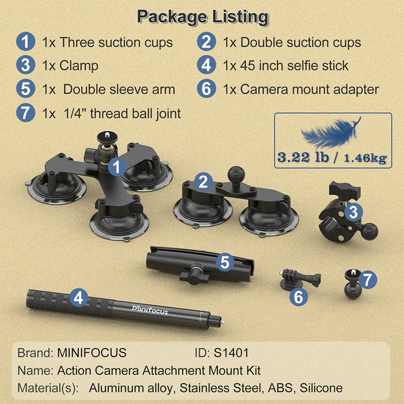 5 In 1 Suction Mount Kit For Action Cameras Compatible With Insta360 And GoPro 6