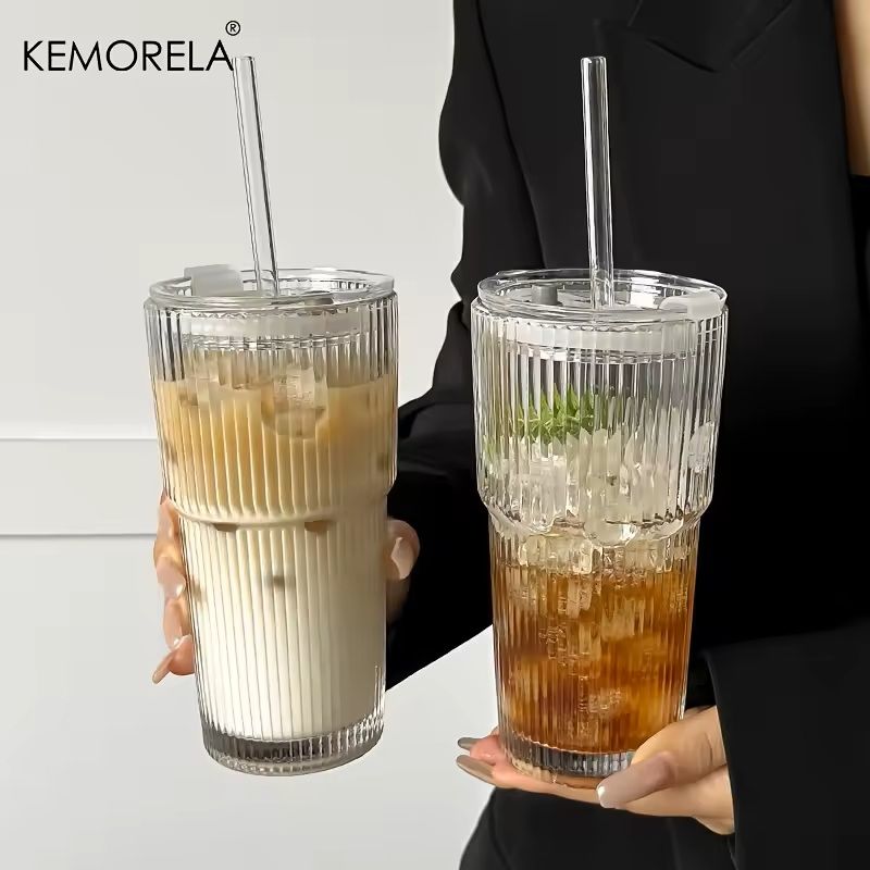 600ML Stripe Glass Coffee Cup with Lid and Straw