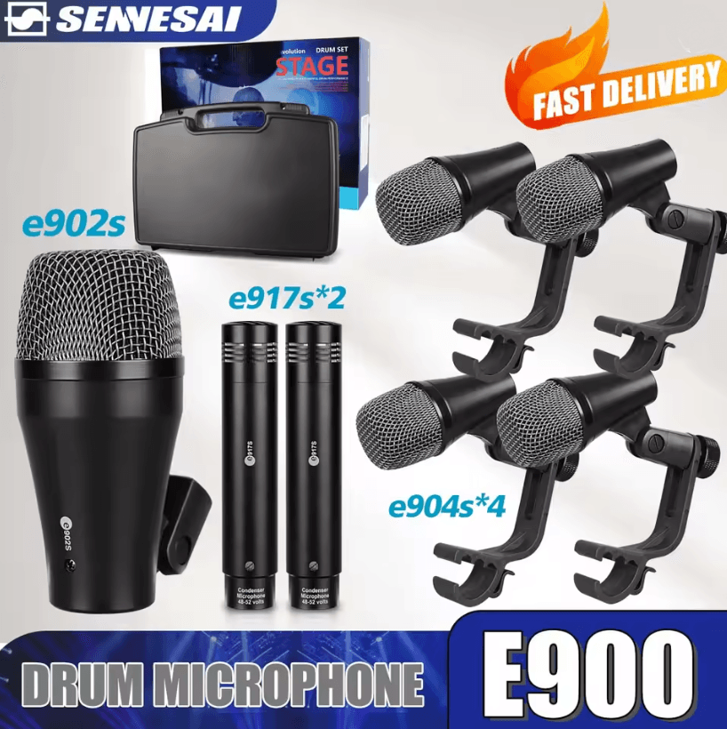 SENNESAI E900 7 Piece Drum Microphone Kit for Kick Snare Tom and Cymbals