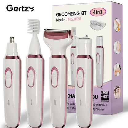 4-in-1 Rechargeable Electric Razor for Women - Painless Wet and Dry Hair Remover for Face, Legs, Bikini and Underarms