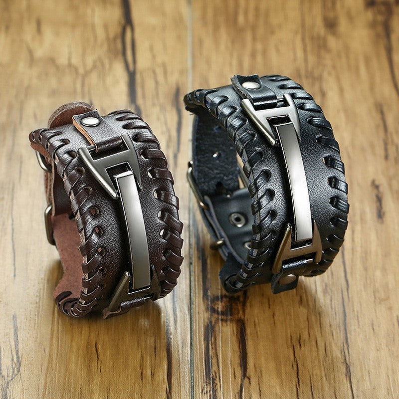 Men Vnox Wide Leather Wristband, Genuine Leather Punk Bangle with Metal Charm, Adjustable Fashion Cuff Bracelet Gift