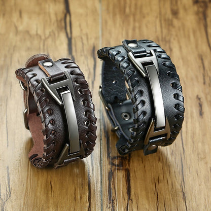 Men Vnox Wide Leather Wristband, Genuine Leather Punk Bangle with Metal Charm, Adjustable Fashion Cuff Bracelet Gift