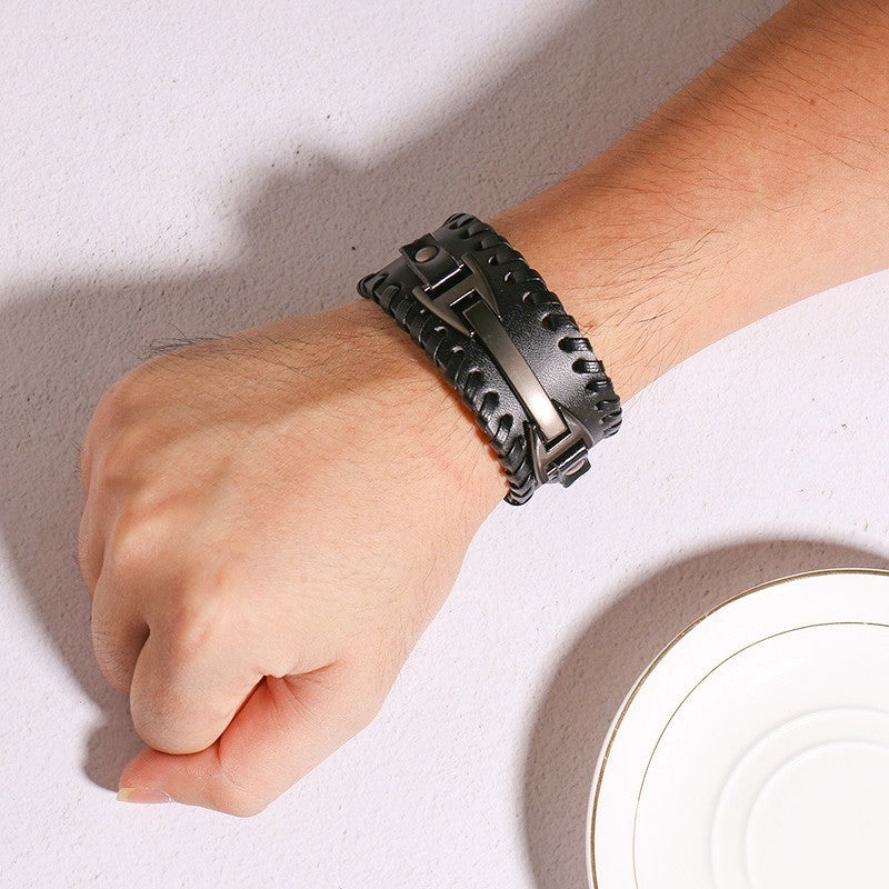 Men Vnox Wide Leather Wristband, Genuine Leather Punk Bangle with Metal Charm, Adjustable Fashion Cuff Bracelet Gift