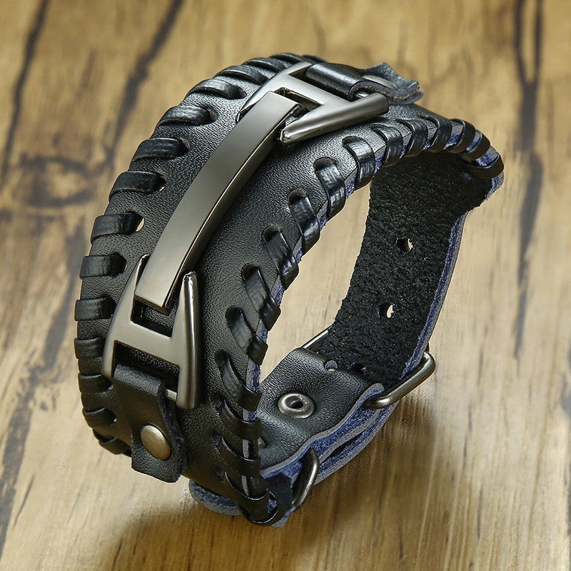 Men Vnox Wide Leather Wristband, Genuine Leather Punk Bangle with Metal Charm, Adjustable Fashion Cuff Bracelet Gift