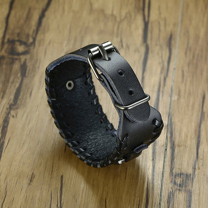 Men Vnox Wide Leather Wristband, Genuine Leather Punk Bangle with Metal Charm, Adjustable Fashion Cuff Bracelet Gift
