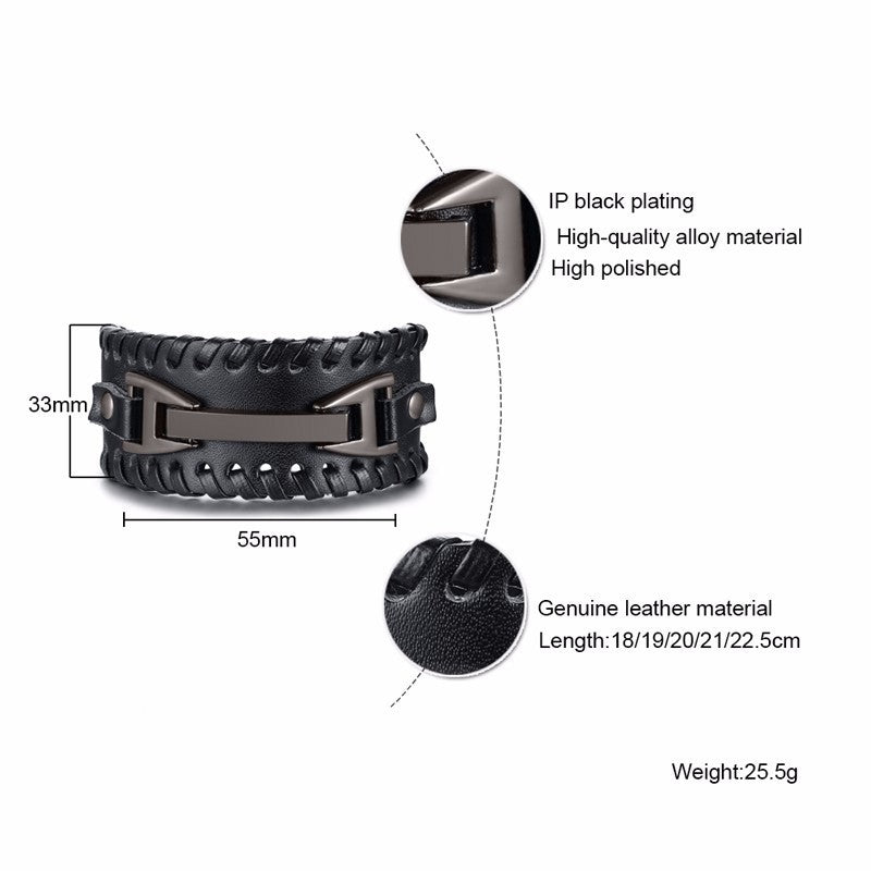 Men Vnox Wide Leather Wristband, Genuine Leather Punk Bangle with Metal Charm, Adjustable Fashion Cuff Bracelet Gift