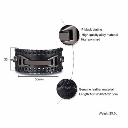 Men Vnox Wide Leather Wristband, Genuine Leather Punk Bangle with Metal Charm, Adjustable Fashion Cuff Bracelet Gift