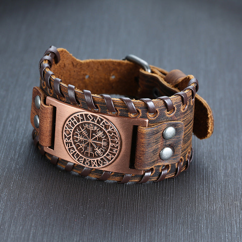 Men Vnox Wide Leather Wristband, Genuine Leather Punk Bangle with Metal Charm, Adjustable Fashion Cuff Bracelet Gift