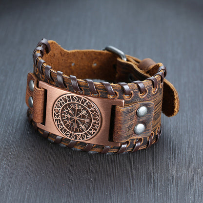 Men Vnox Wide Leather Wristband, Genuine Leather Punk Bangle with Metal Charm, Adjustable Fashion Cuff Bracelet Gift