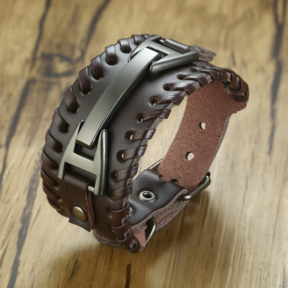Men Vnox Wide Leather Wristband, Genuine Leather Punk Bangle with Metal Charm, Adjustable Fashion Cuff Bracelet Gift