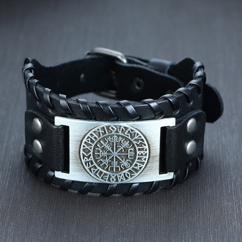 Men Vnox Wide Leather Wristband, Genuine Leather Punk Bangle with Metal Charm, Adjustable Fashion Cuff Bracelet Gift
