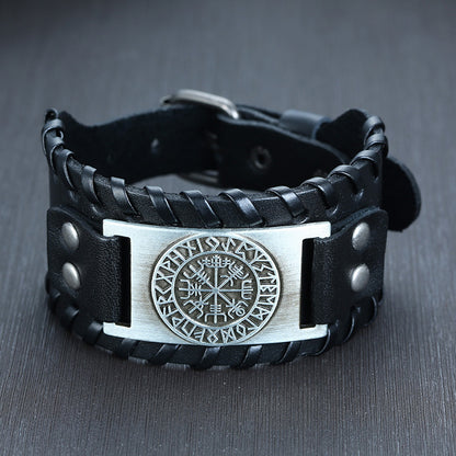 Men Vnox Wide Leather Wristband, Genuine Leather Punk Bangle with Metal Charm, Adjustable Fashion Cuff Bracelet Gift