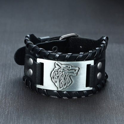 Men Vnox Wide Leather Wristband, Genuine Leather Punk Bangle with Metal Charm, Adjustable Fashion Cuff Bracelet Gift