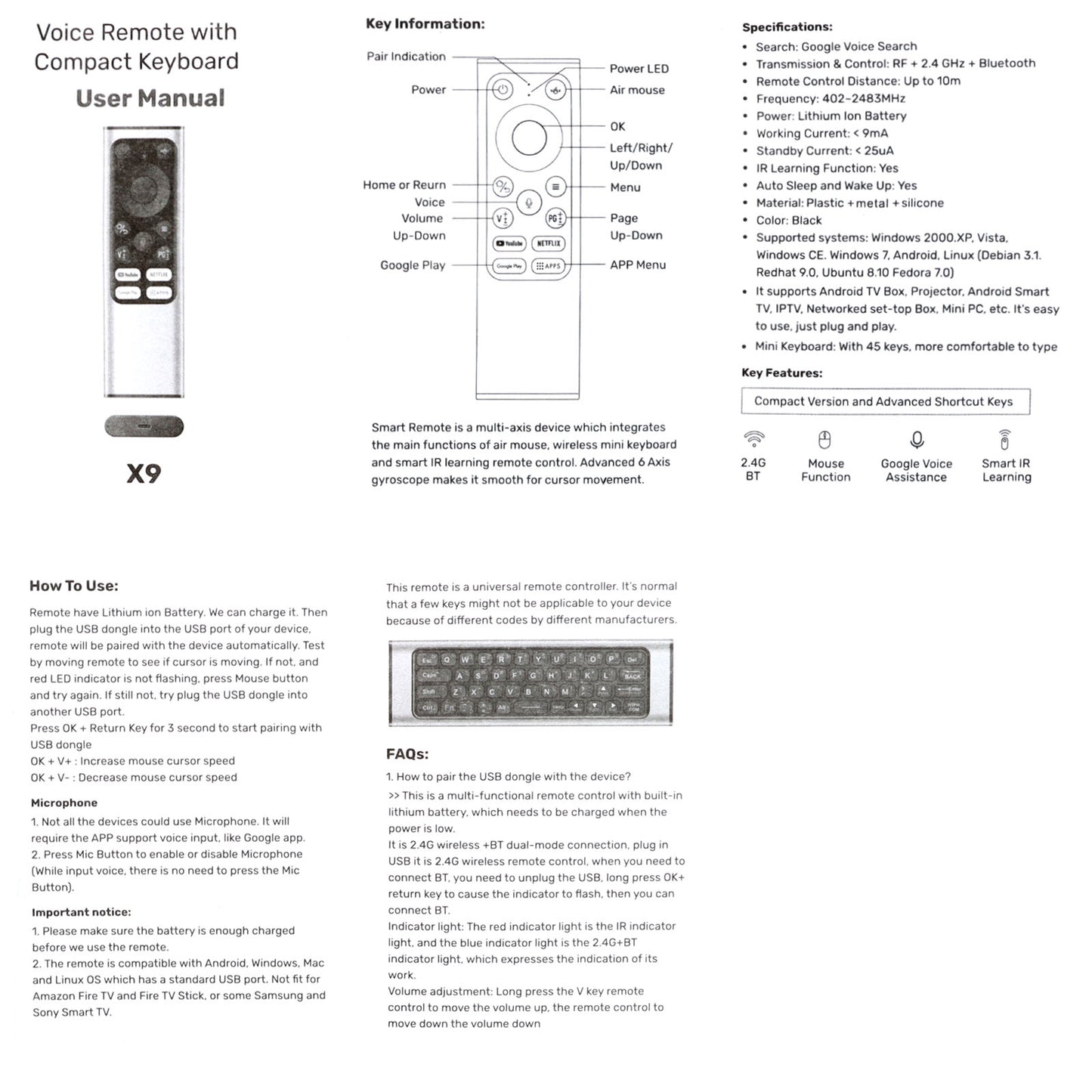 Universal Voice Air Mouse Remote Control X9 Mini Keyboard with IR Learning & BLE Function for Smart TV Android Box