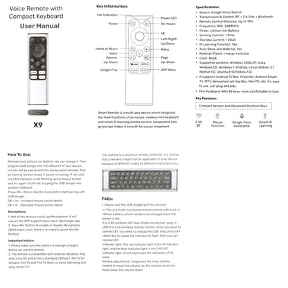 Universal Voice Air Mouse Remote Control X9 Mini Keyboard with IR Learning & BLE Function for Smart TV Android Box