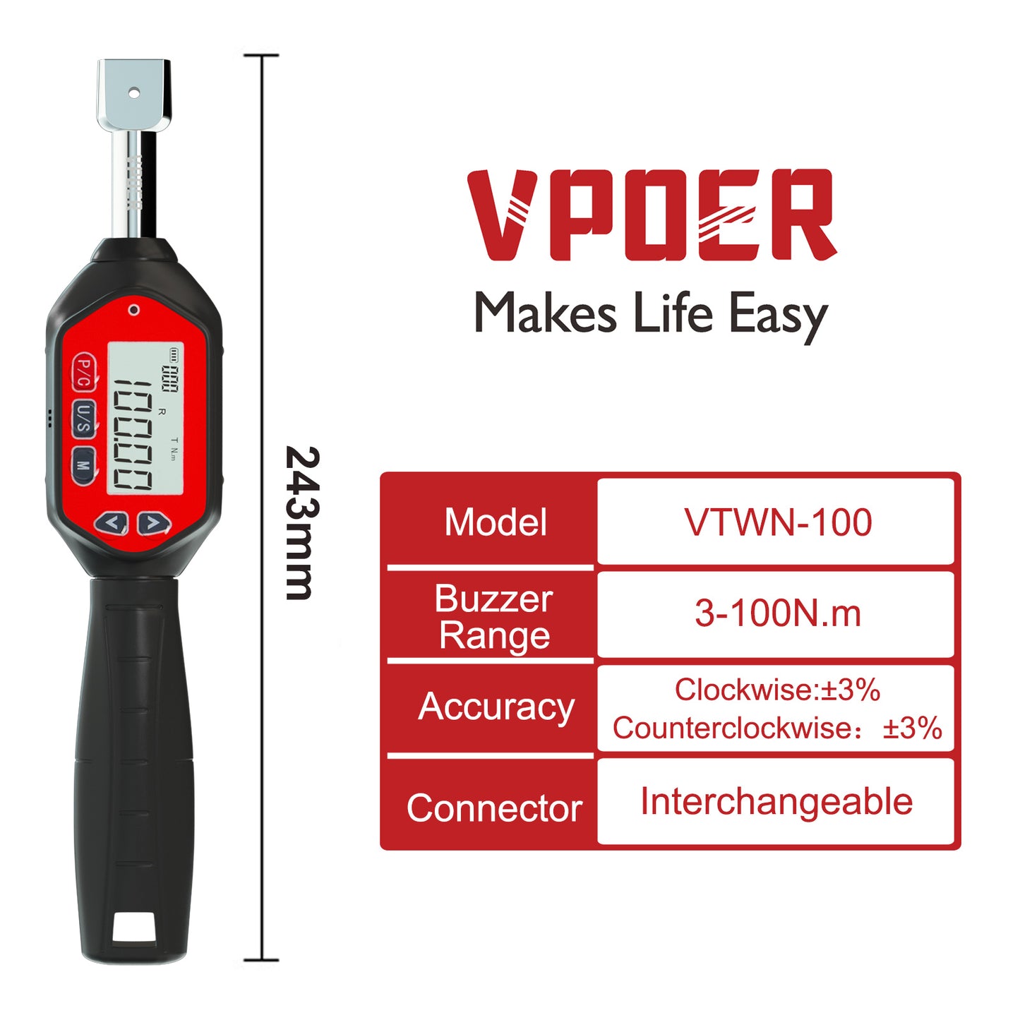 Digital Torque Wrench, Interchangeable Ended Head with Buzzer, LED & Calibrated Accuracy for Automotive, Industrial Use