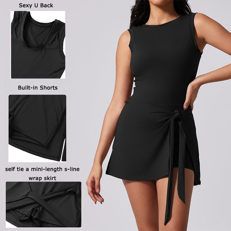 Womens Athletic Dresses, Tennis Dress for Women with Built in Shorts, Boat Neck Sleeveless Workout Skort Dress for Golf