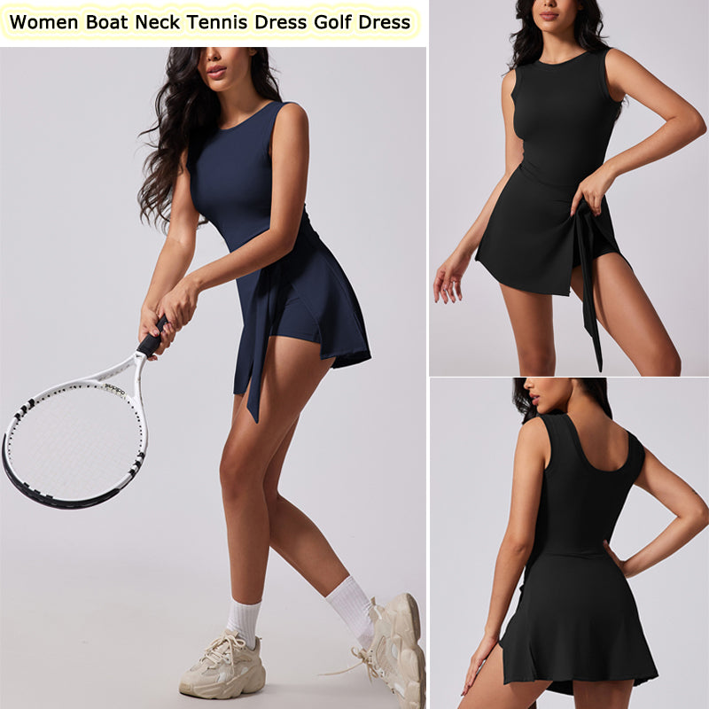 Womens Athletic Dresses, Tennis Dress for Women with Built in Shorts, Boat Neck Sleeveless Workout Skort Dress for Golf
