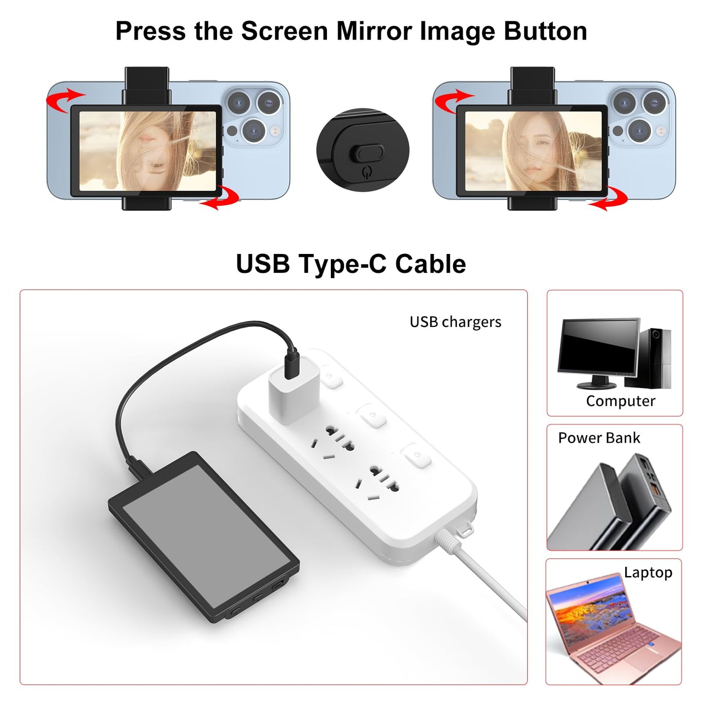 Phone Rear Camera Monitor for Selfie, Vlogging & TikTok, Wired Recording Screen with Bluetooth Remote, iPhone Compatible