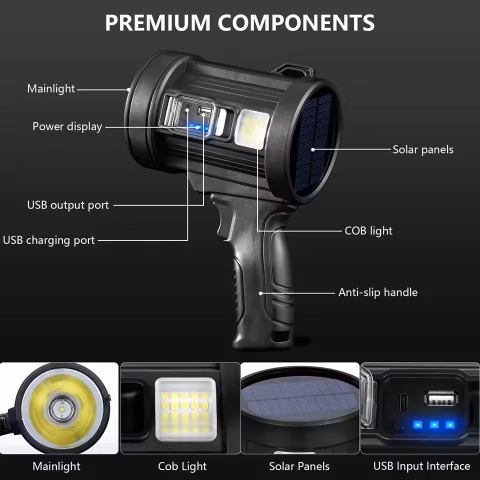 Rechargeable Spotlight 1000000 Lumens Handheld Flashlight With COB And Solar Panels 3