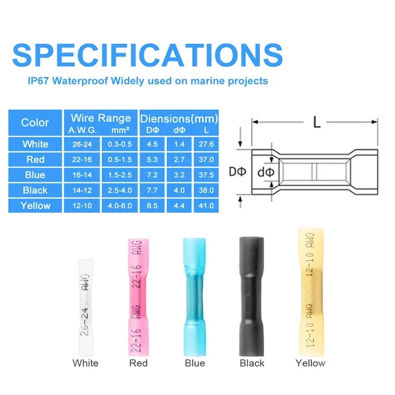 Waterproof Heat Shrink Butt Wire Connectors AWG Automotive Electrical Crimp Terminals for Cable Splice Repair