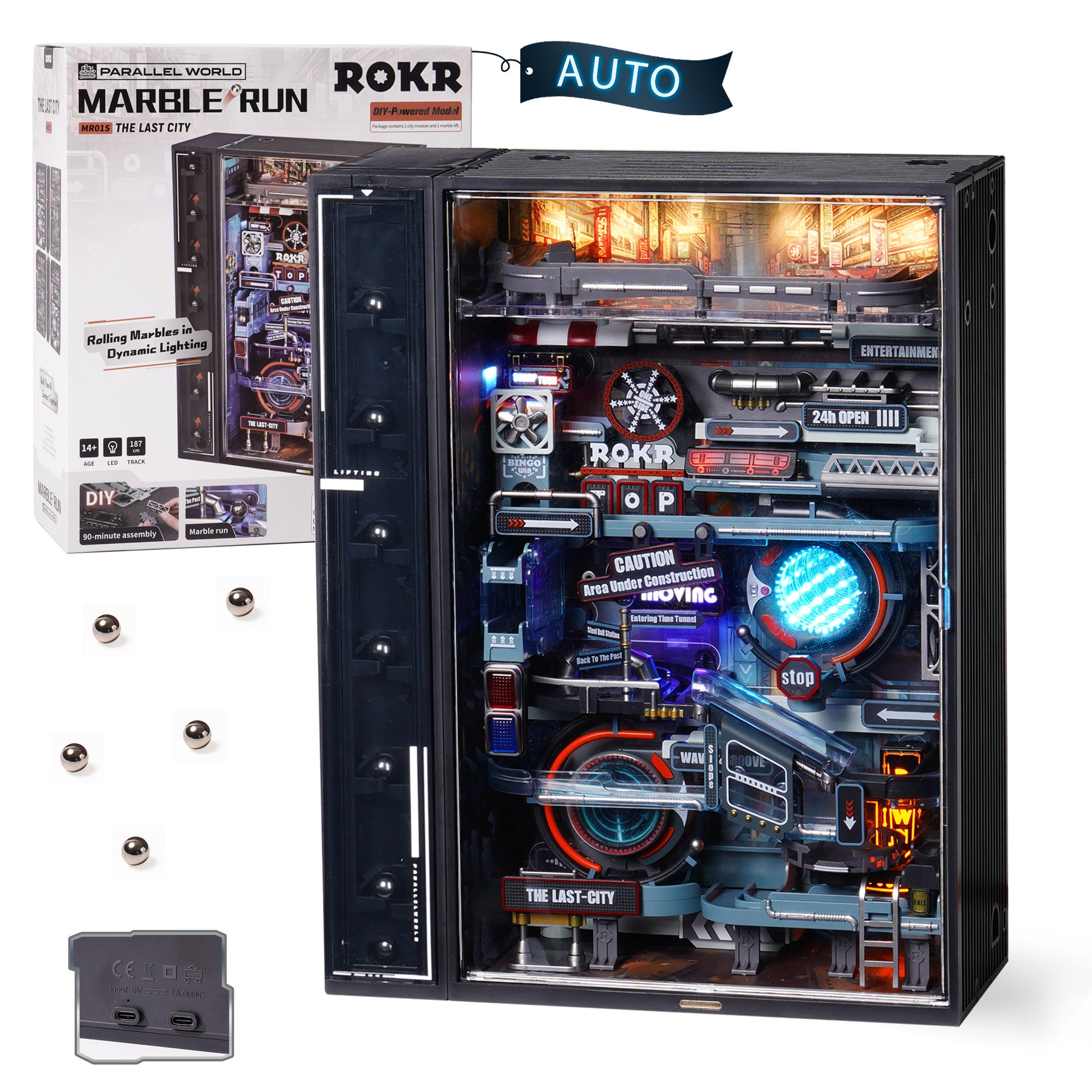 Robotime Rokr The Last City, Futuristic Marble Run 3D Puzzle Model with USB-C Automation & LED Light, Cyberpunk Gift