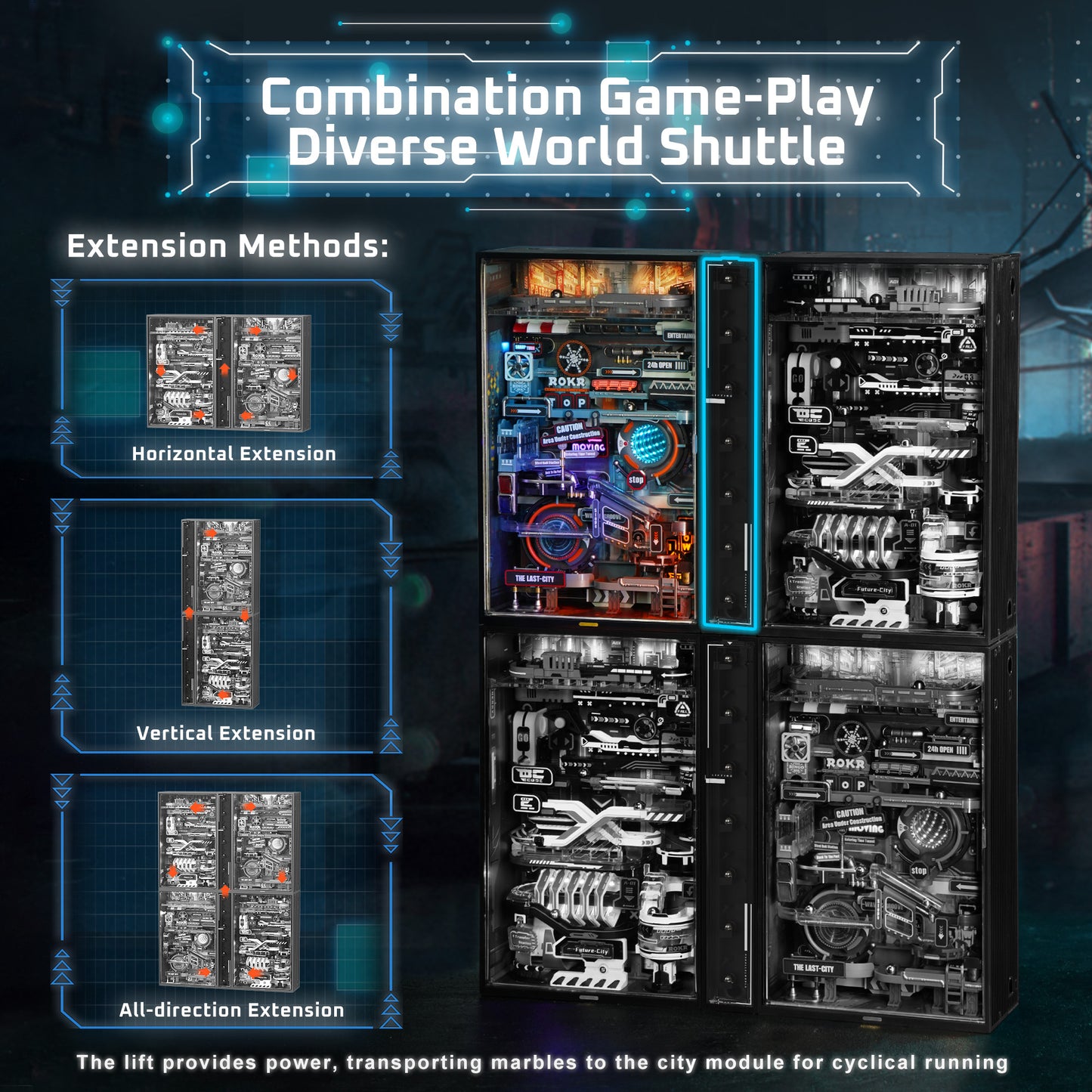 Robotime Rokr The Last City, Futuristic Marble Run 3D Puzzle Model with USB-C Automation & LED Light, Cyberpunk Gift