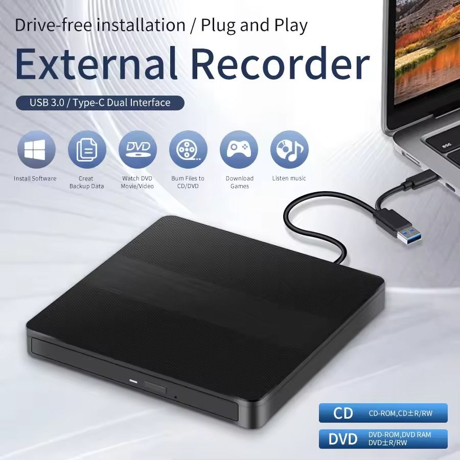 Portable USB 3.0 Type C External DVD RW Drive Burner