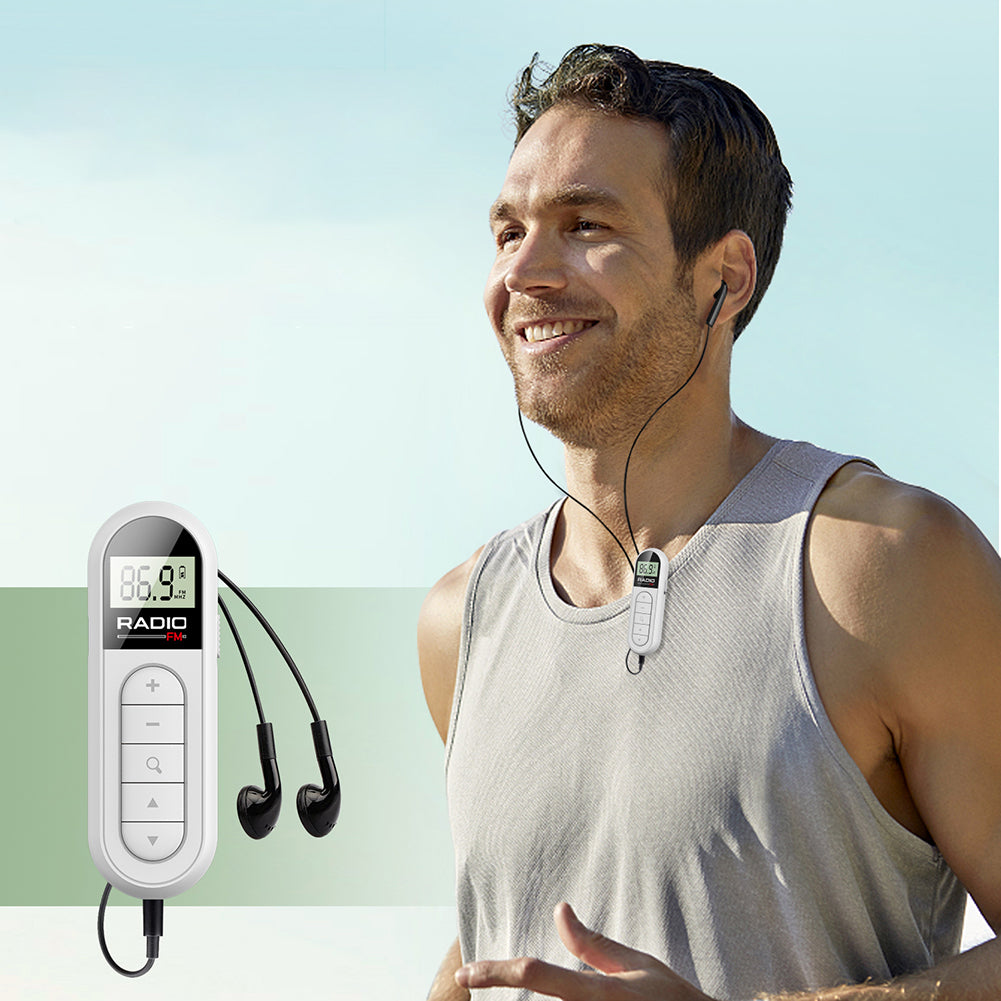 Mini FM Radio Backlight LCD Pocket Clip Radio with Headphones, Lightweight Personal Walkman for Walk, Run, Travel