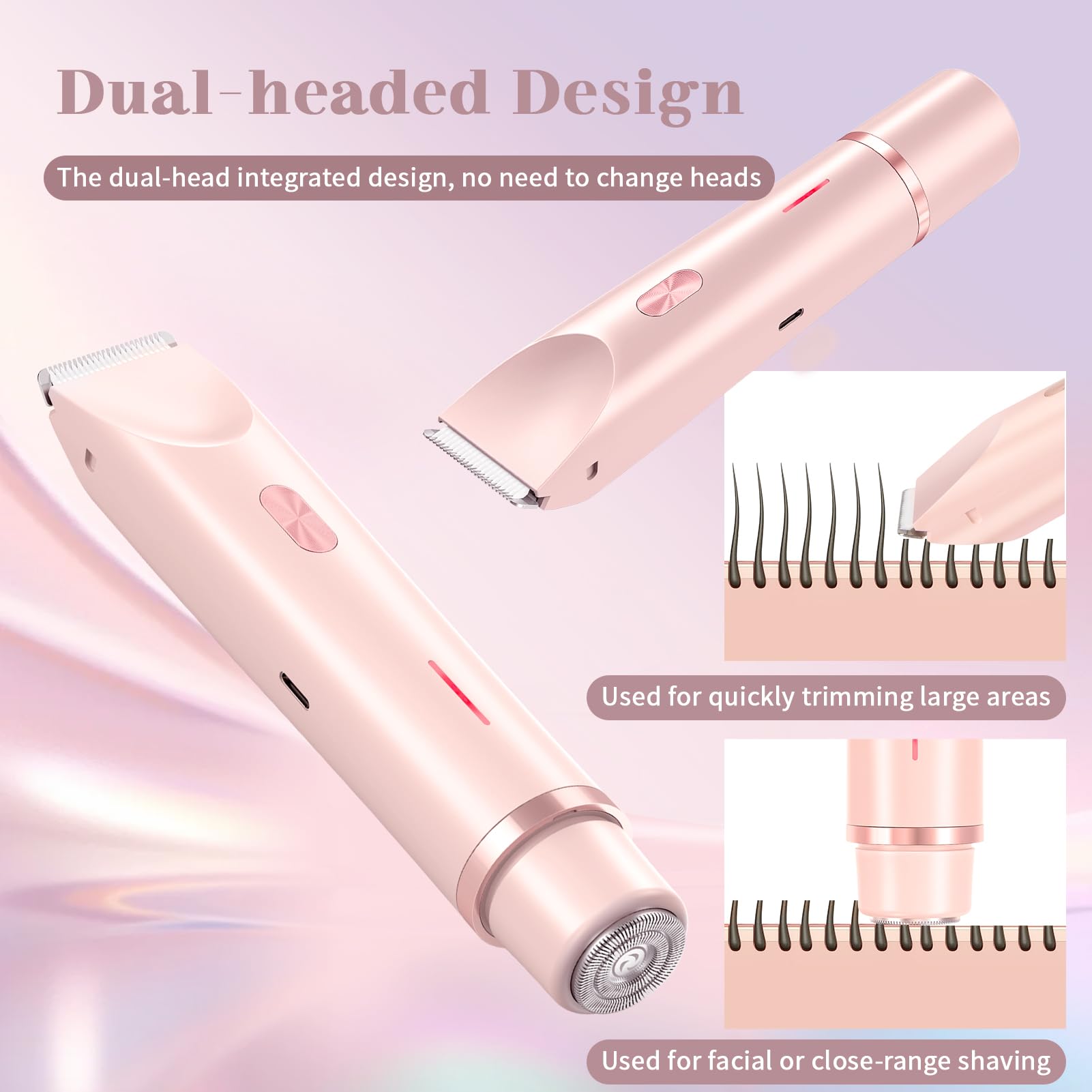 Electric Shaver for Women, Waterproof Dual Head Hair Razor & Bikini Trimmer for Wet & Dry Use, Facial and Body Grooming