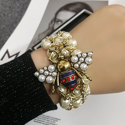 Luxury Handmade Elastic Pearl Bee Bangle Bracelet for Women, Designer Party Gift Jewelry