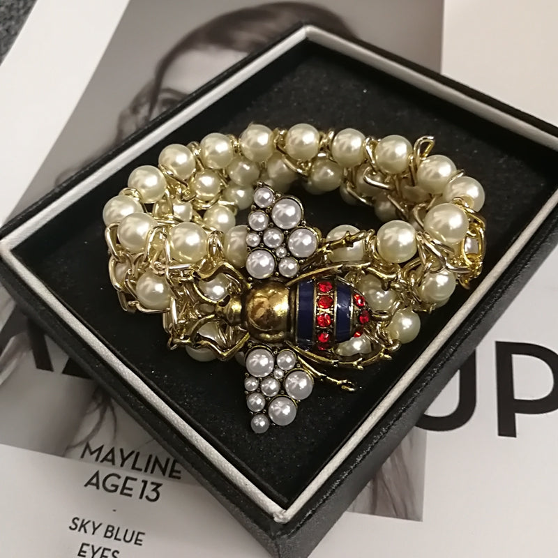 Luxury Handmade Elastic Pearl Bee Bangle Bracelet For Women Designer Party Gift Jewelry 1