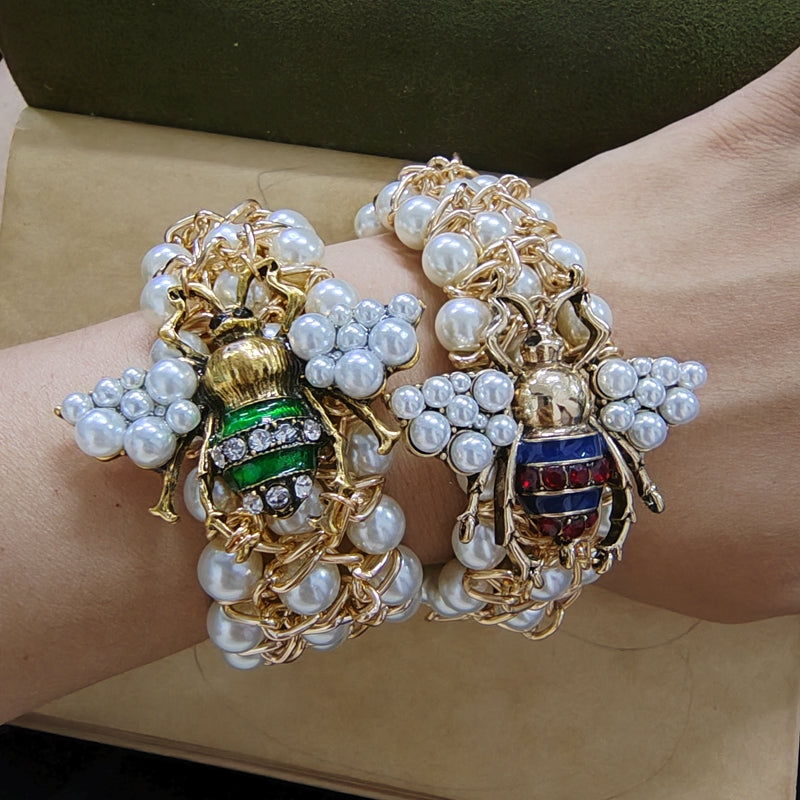 Luxury Handmade Elastic Pearl Bee Bangle Bracelet For Women Designer Party Gift Jewelry 2