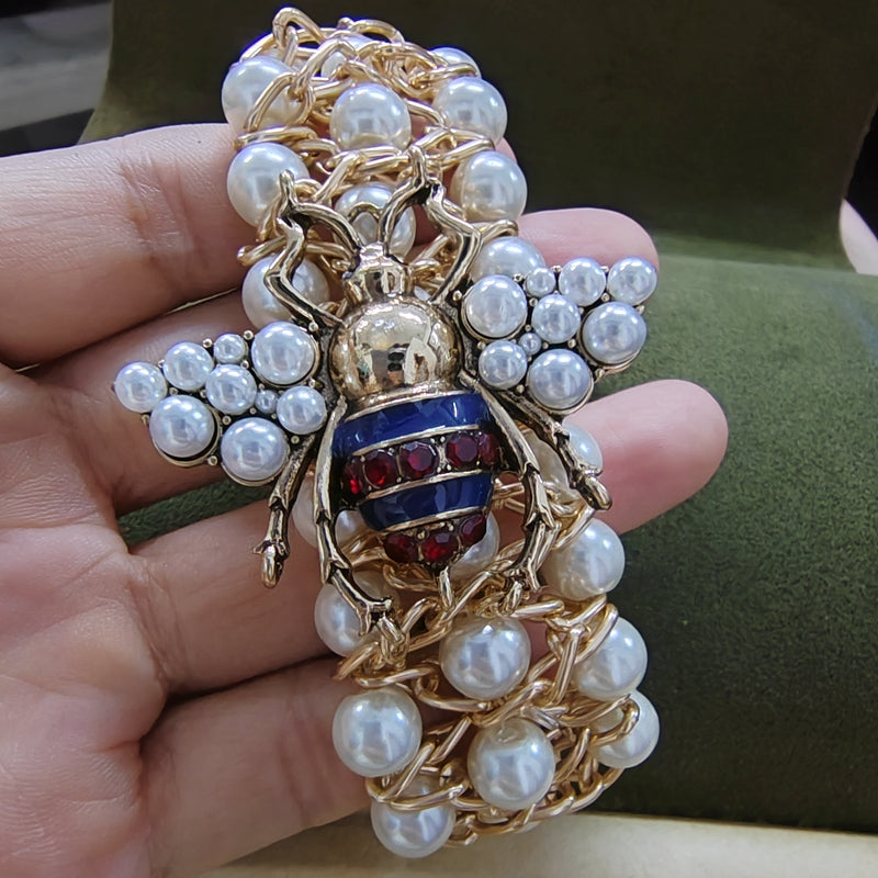 Luxury Handmade Elastic Pearl Bee Bangle Bracelet For Women Designer Party Gift Jewelry 3