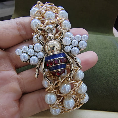 Luxury Handmade Elastic Pearl Bee Bangle Bracelet For Women Designer Party Gift Jewelry 3