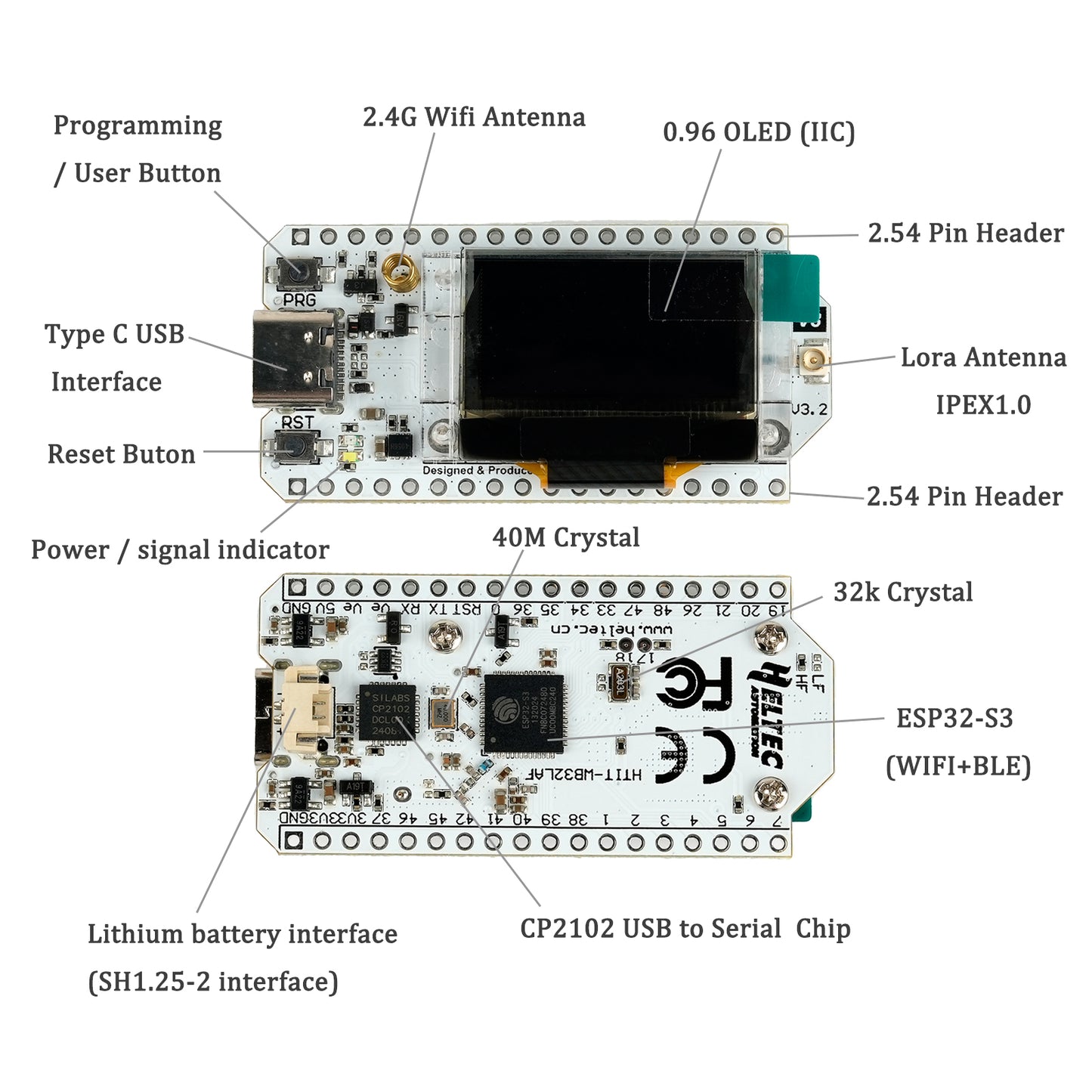 OLED Dev Board, WiFi Bluetooth LoRaWAN Kit Compatible with Arduino & Meshtastic Applications