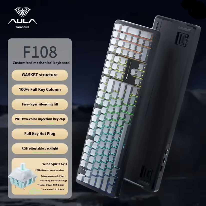 Aula F108 PRO Wireless Mechanical Gaming Keyboard With RGB Backlight And Gasket Mount 7