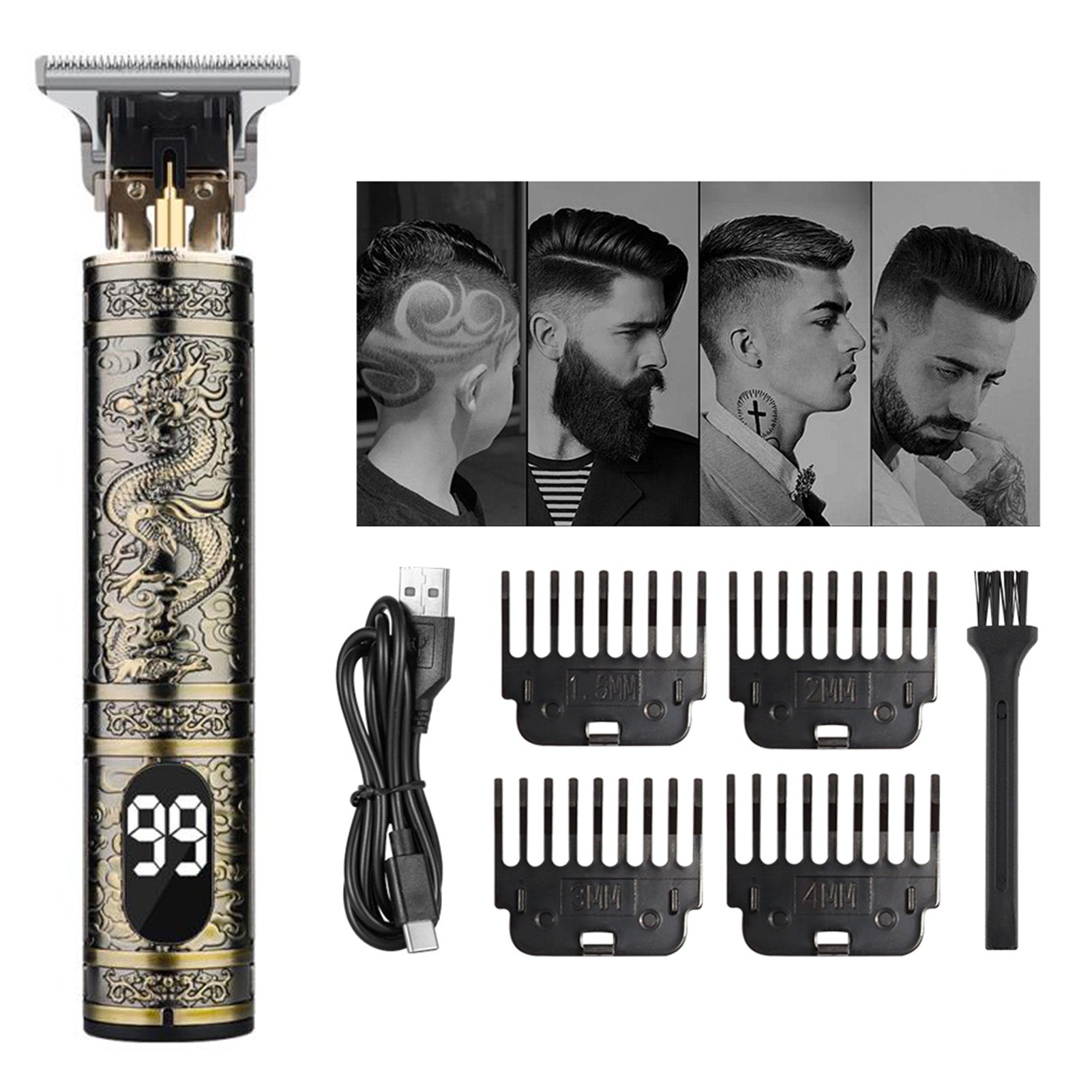 T9 Vintage Hair Clippers for Men, LED Electric Trimmer, Dragon Carved Beard Shaver & Hair Cutting Machine for Home